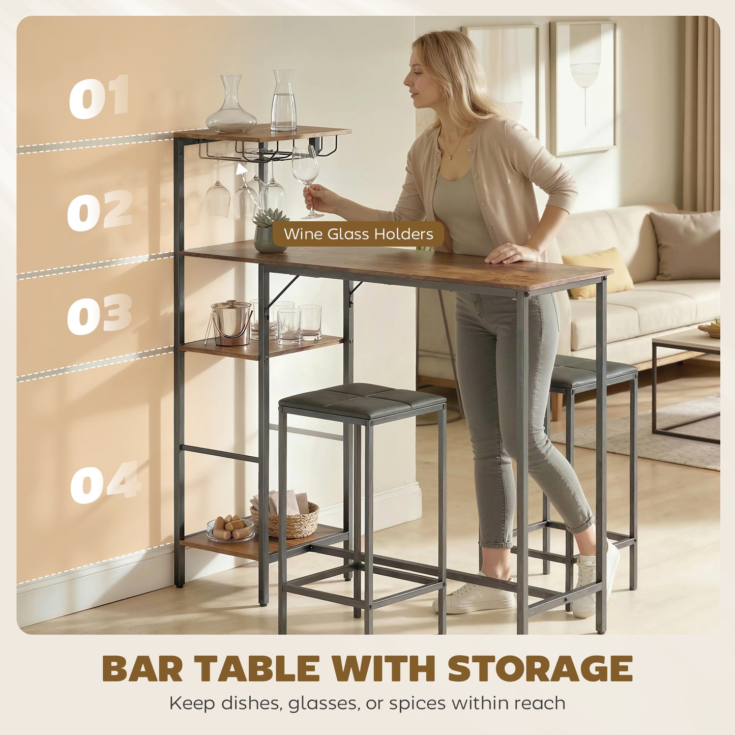 HOMCOM 3 Piece Breakfast Bar Table And Stools Set In Rustic Brown With 4 Tier Shelving And Wine Glass Racks