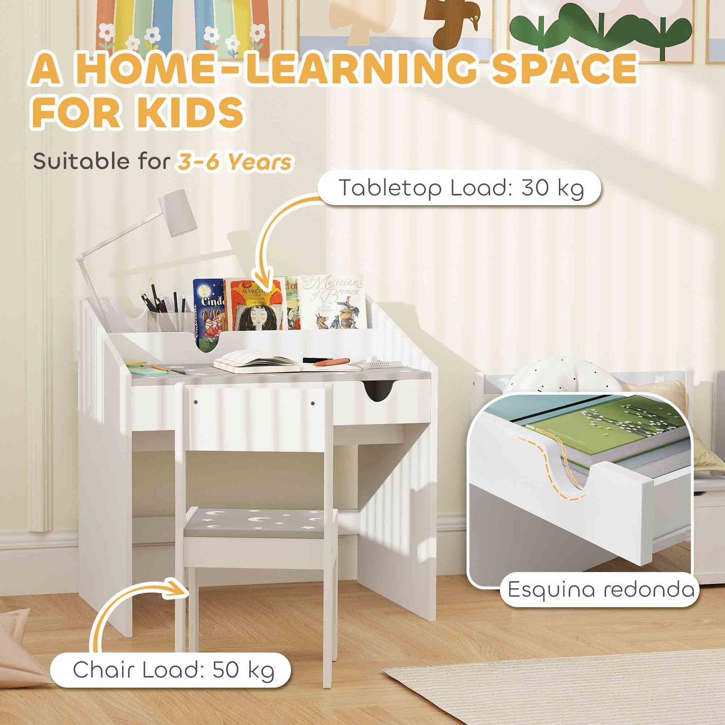 AIYAPLAY Children Study Table and Chair Set With Storage Drawer For Ages 3 To 6 Grey