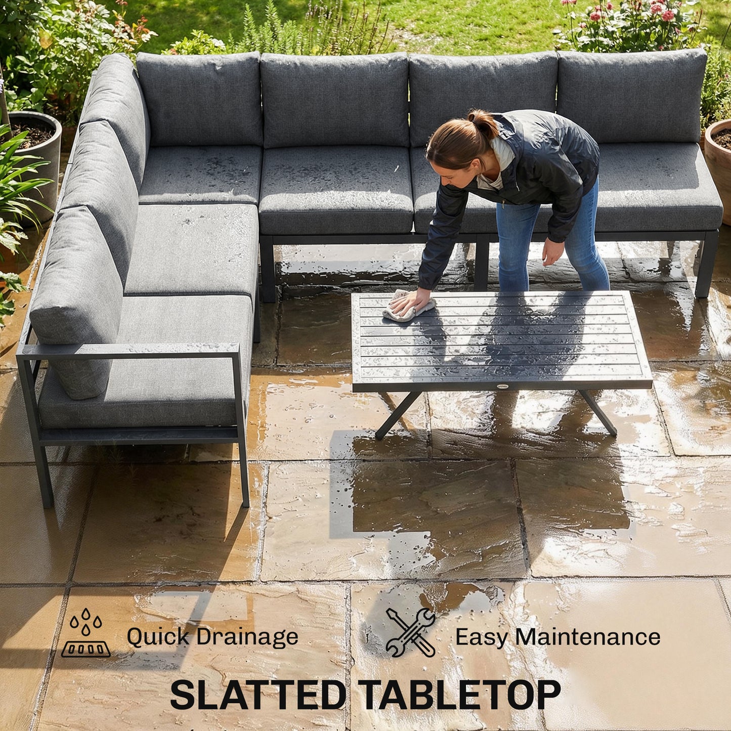 Outsunny 3 Piece Aluminium Garden Furniture Set With Adjustable Backrest Corner Lounge And Coffee Table