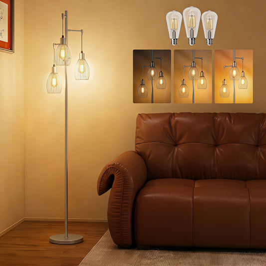 Industrial dimmable standing lamp with three steel cage shades on silver pole