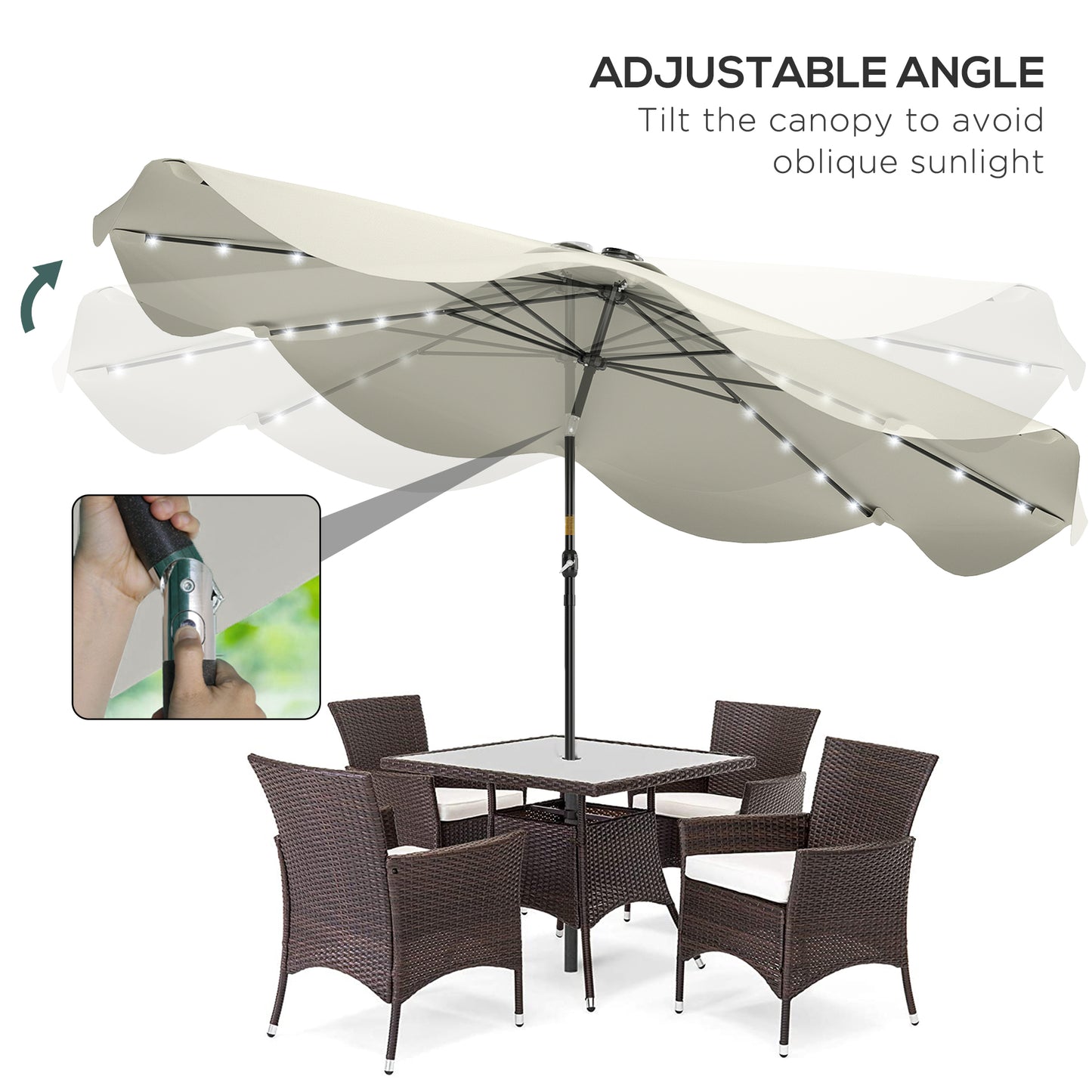 Outsunny Solar LED Patio Umbrella With Tilt And Crank 3x3m Cream White Outdoor Market Table Parasols