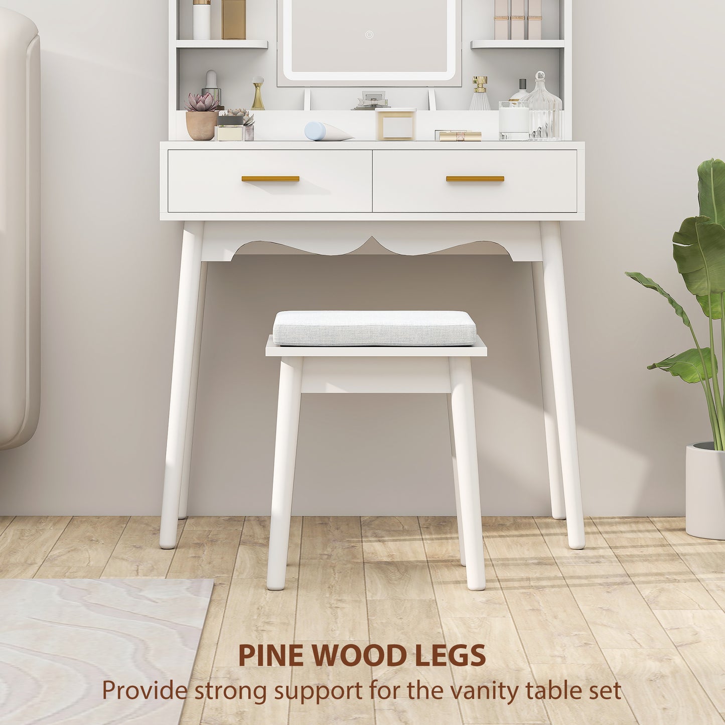 HOMCOM Elegant Dressing Table With LED Mirror And Adjustable Color Temperature White Finish