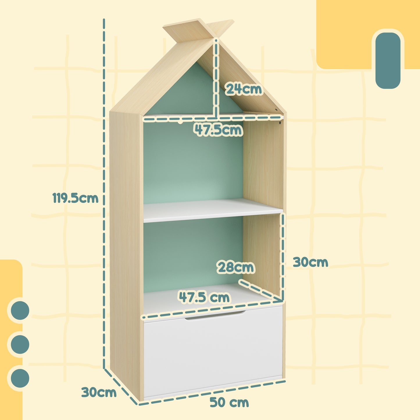 AIYAPLAY Green Kids Bookshelf with 3 Shelves and Drawer for Safe Book Storage - ALL4U RETAILER LTD