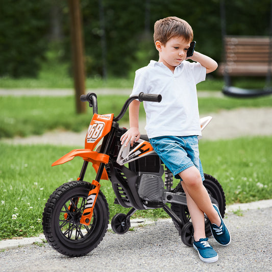 AIYAPLAY 12V Electric Kids Motorbike with Training Wheels and Music - Orange