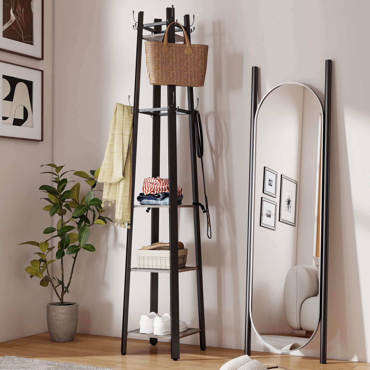 HOMCOM Industrial-Style Four-Shelf Coat Stand With Eight Triple-Prong Hooks In Grey And Black