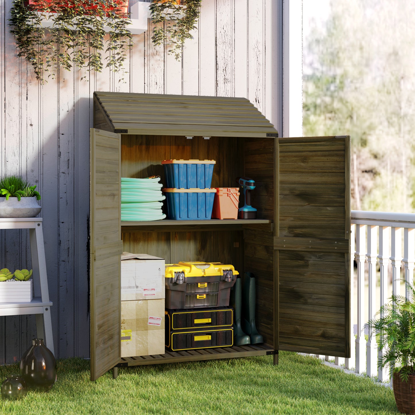 Outsunny Wooden Garden Shed 103.5 X 59 Cm Brown For Tools And Boots With Upper And Lower Shelves