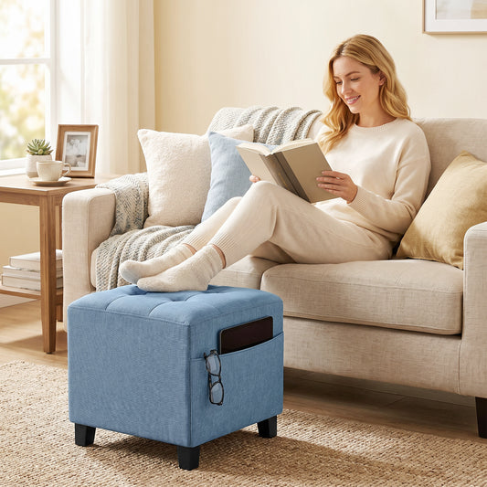 HOMCOM Small Ottoman Square Footstool With Side Pocket Rubber Wood Legs And Padded Seat Dark Blue