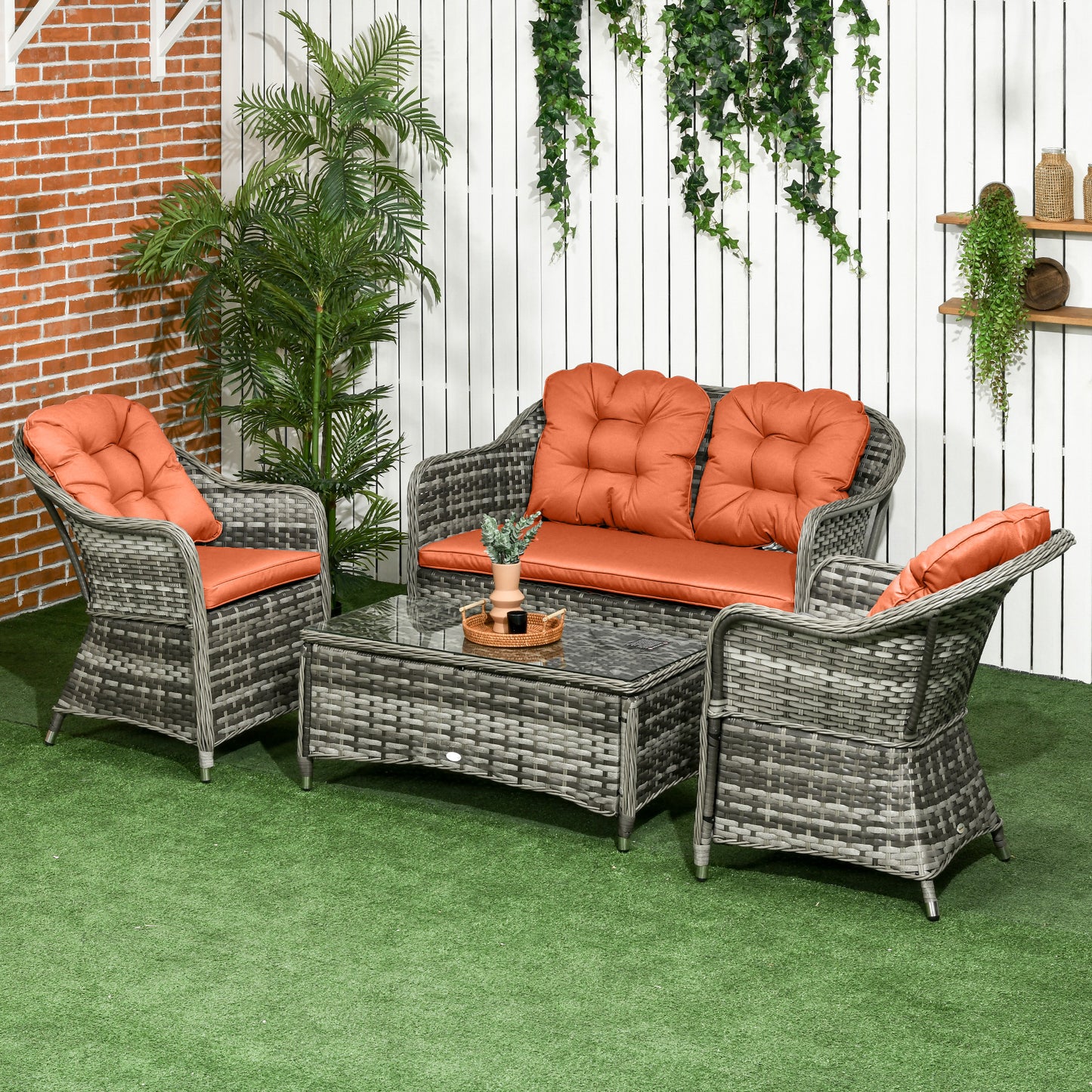Outsunny Four Piece Rattan Sofa Set With Glass Top Table Orange Outdoor Garden Furniture