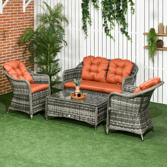 Outsunny Four Piece Rattan Sofa Set With Glass Top Table Orange Outdoor Garden Furniture