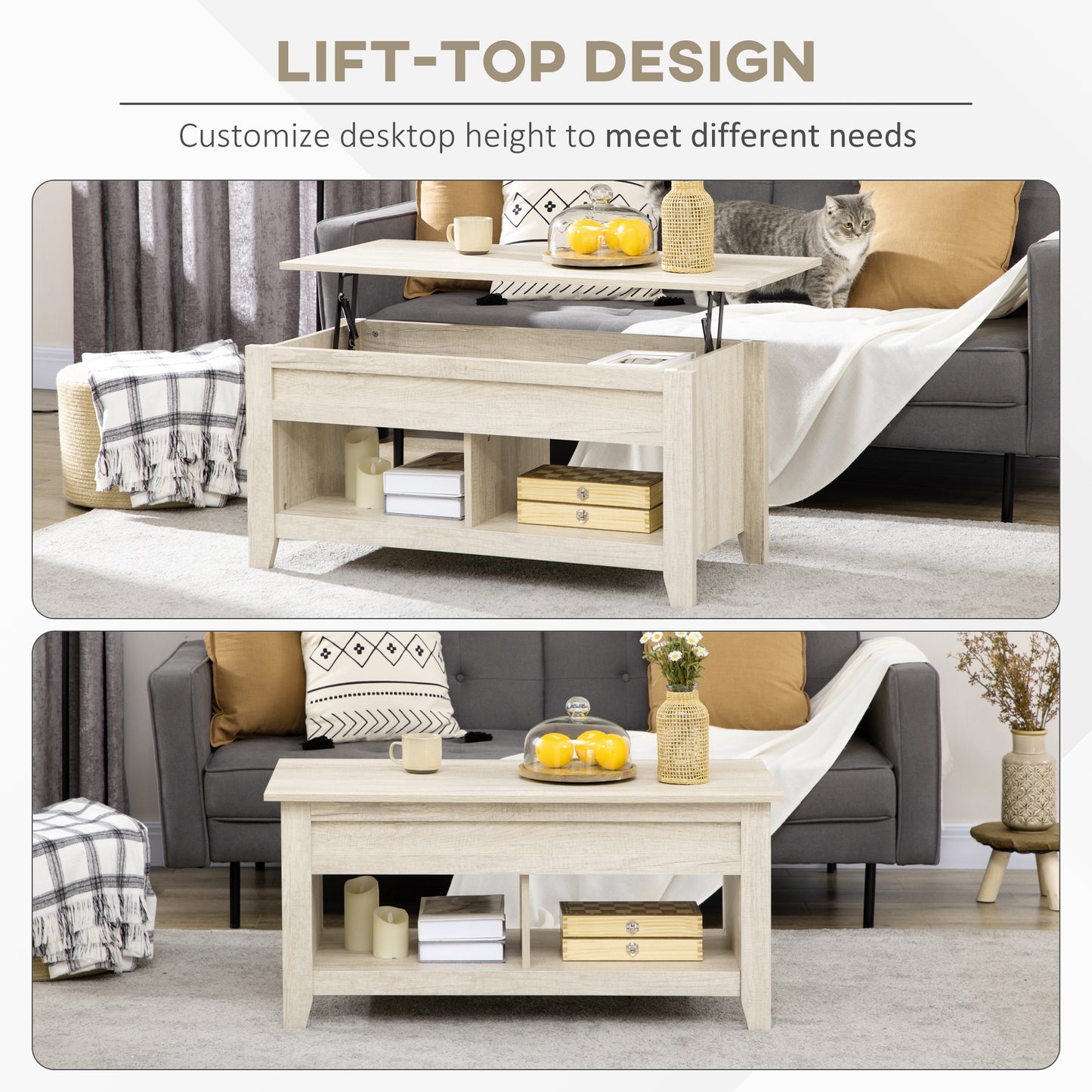 HOMCOM Rising Top Coffee Table with Concealed Storage and Open Shelves for Living Room in Oak Finish - ALL4U RETAILER LTD