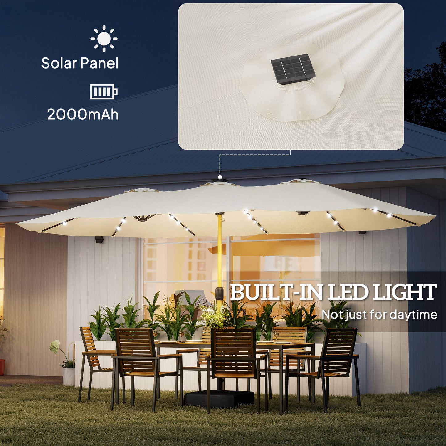Outsunny Double Sided Garden Parasol With Crank Handle Base Included And 48 Solar LED Lights 4.6m Cream Patio Umbrella