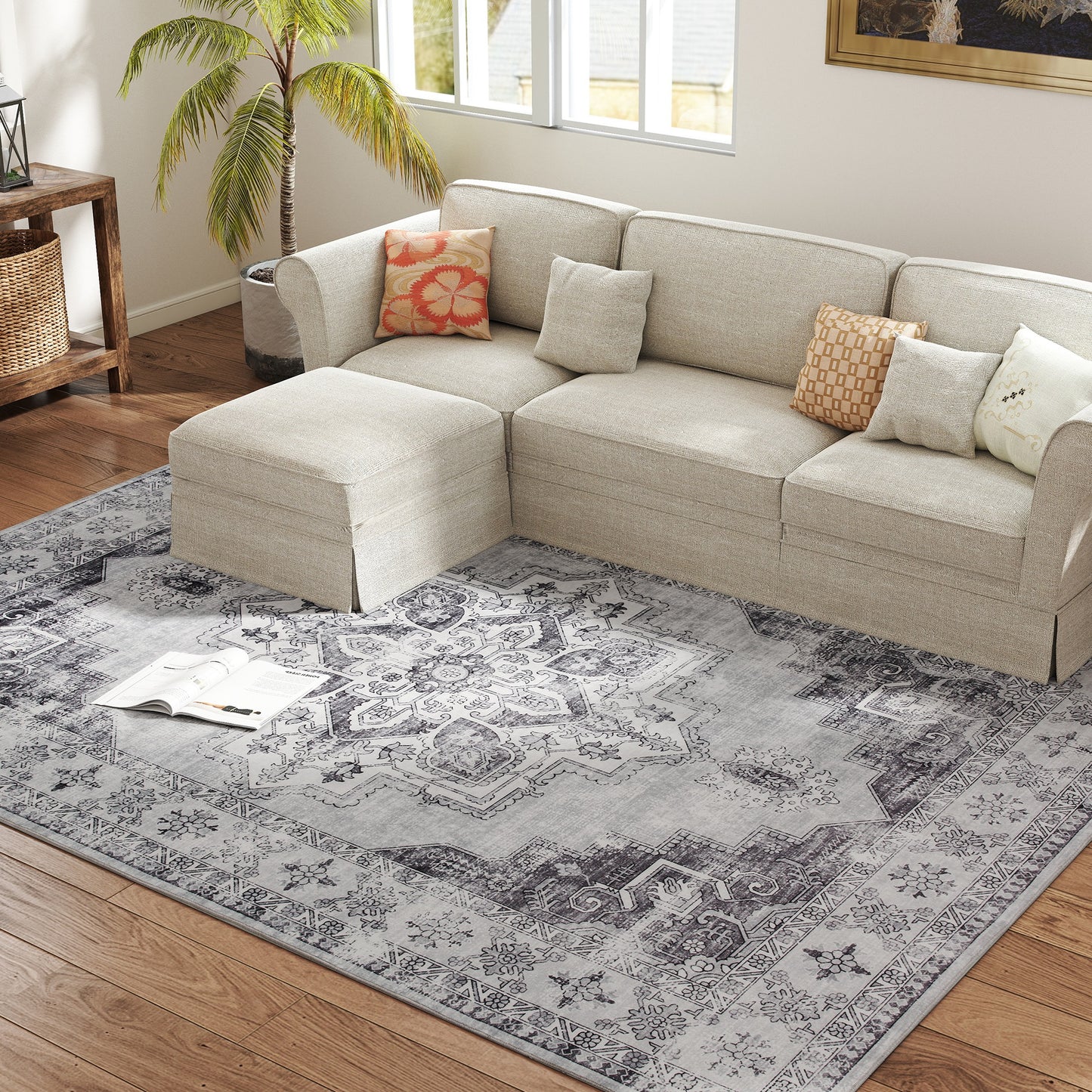 HOMCOM Vintage Area Rug Non Slip Washable Flannel Carpet For Living Room Bedroom Dining Room Home Office 290x200 Cm Grey