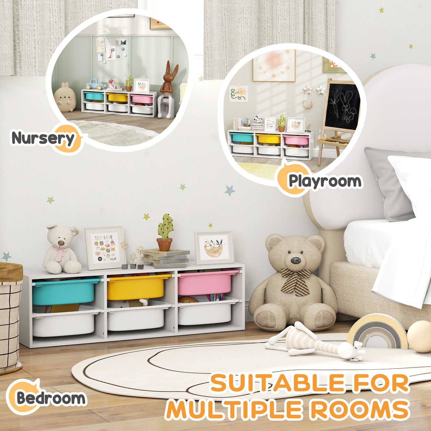 AIYAPLAY Low Height Two Tier Toy Storage Organiser With Six Removable Bins For Kids Bedroom Nursery Playroom
