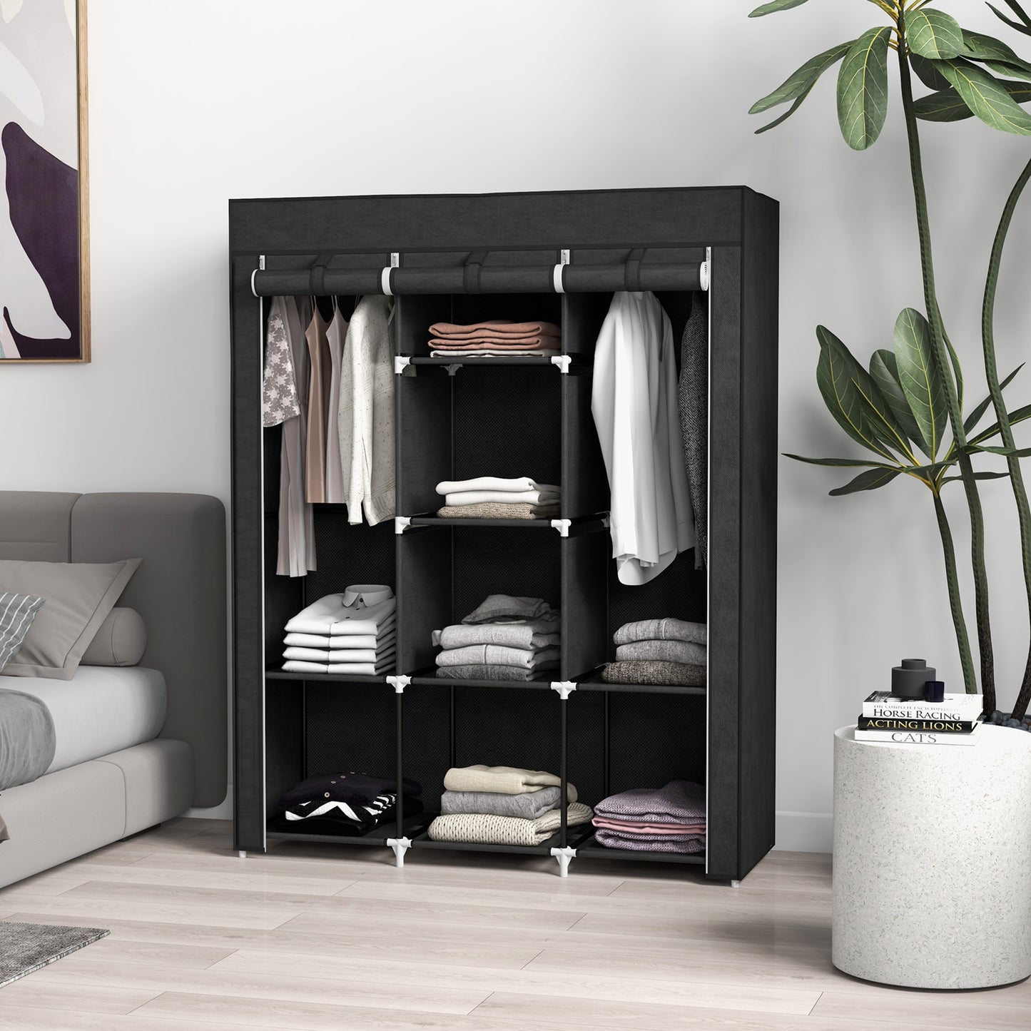 HOMCOM Fabric Wardrobe With Rails And Shelves In Black, Dustproof Fabric Closet Organizer With Roll Up Door
