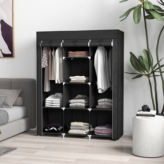 HOMCOM Fabric Wardrobe With Rails And Shelves In Black, Dustproof Fabric Closet Organizer With Roll Up Door