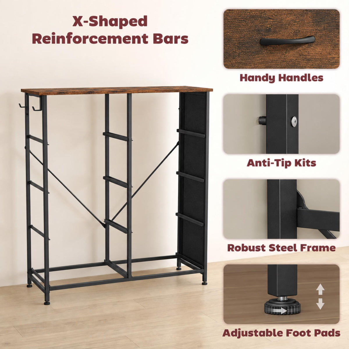 HOMCOM Rustic Brown Chest of Drawers with 8 Fabric Drawers and Side Bag