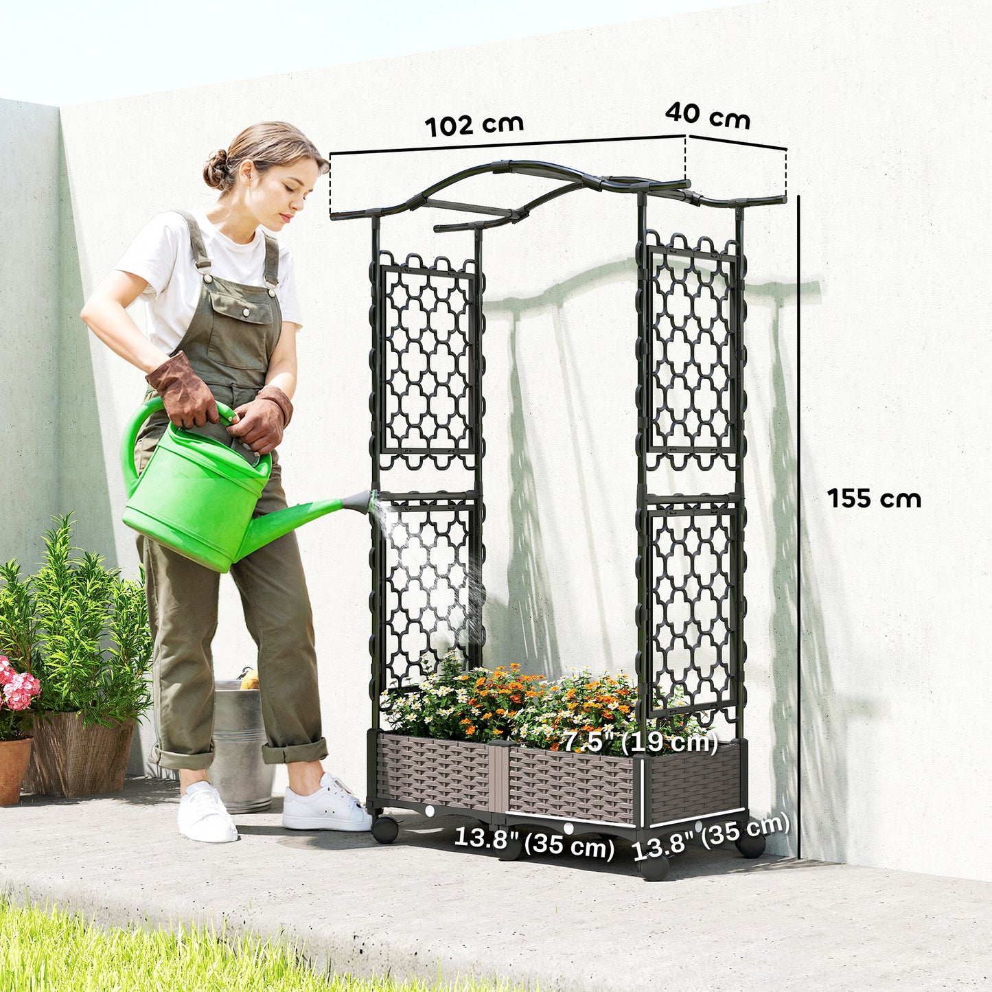 Outsunny Raised Garden Bed with Arch Trellis on Wheels Self Watering Planter Box with Side Trellis