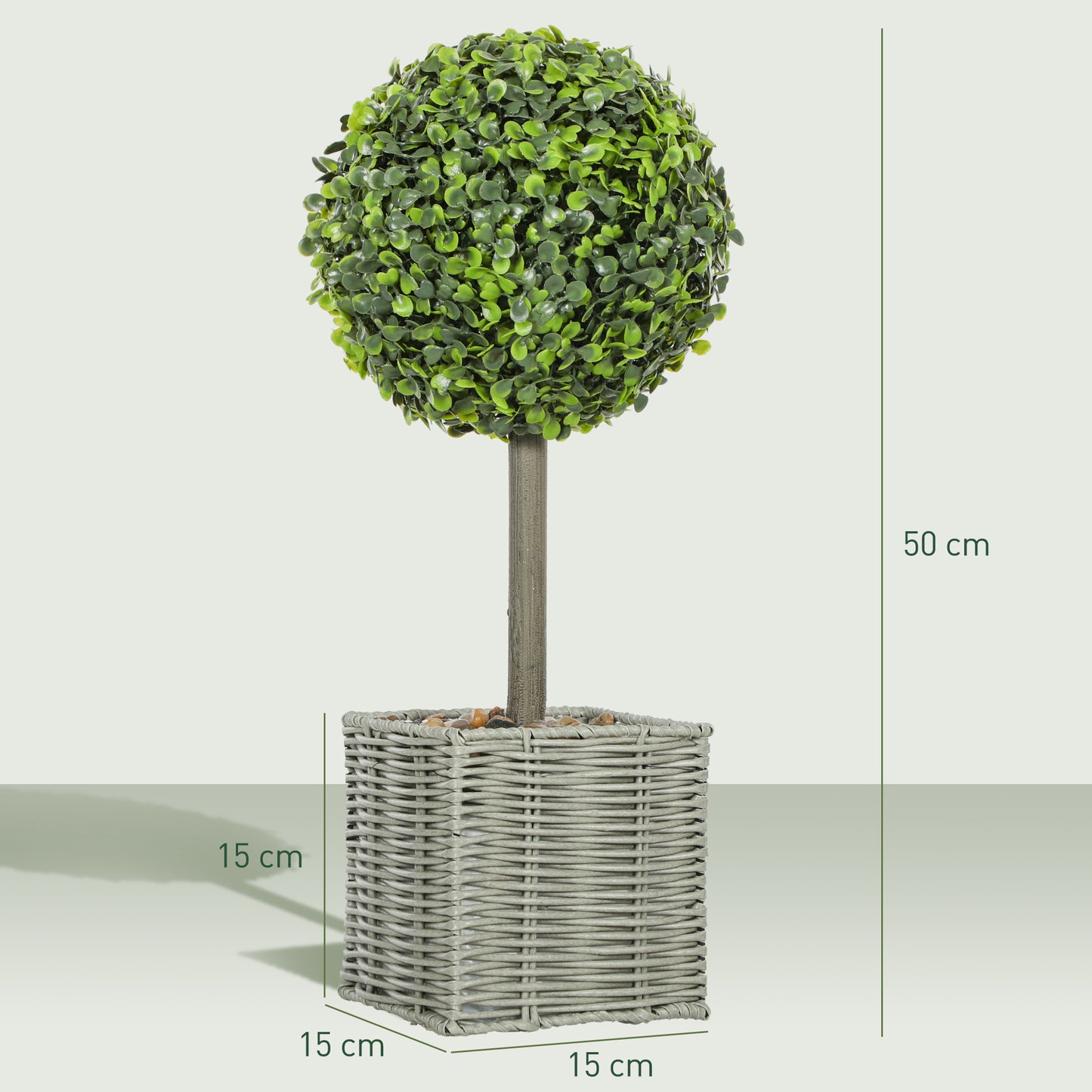 HOMCOM Set of 2 Decorative Artificial Plants 50cm Boxwood Topiary Balls in Woven Plastic Pots for Home Office Decor Green