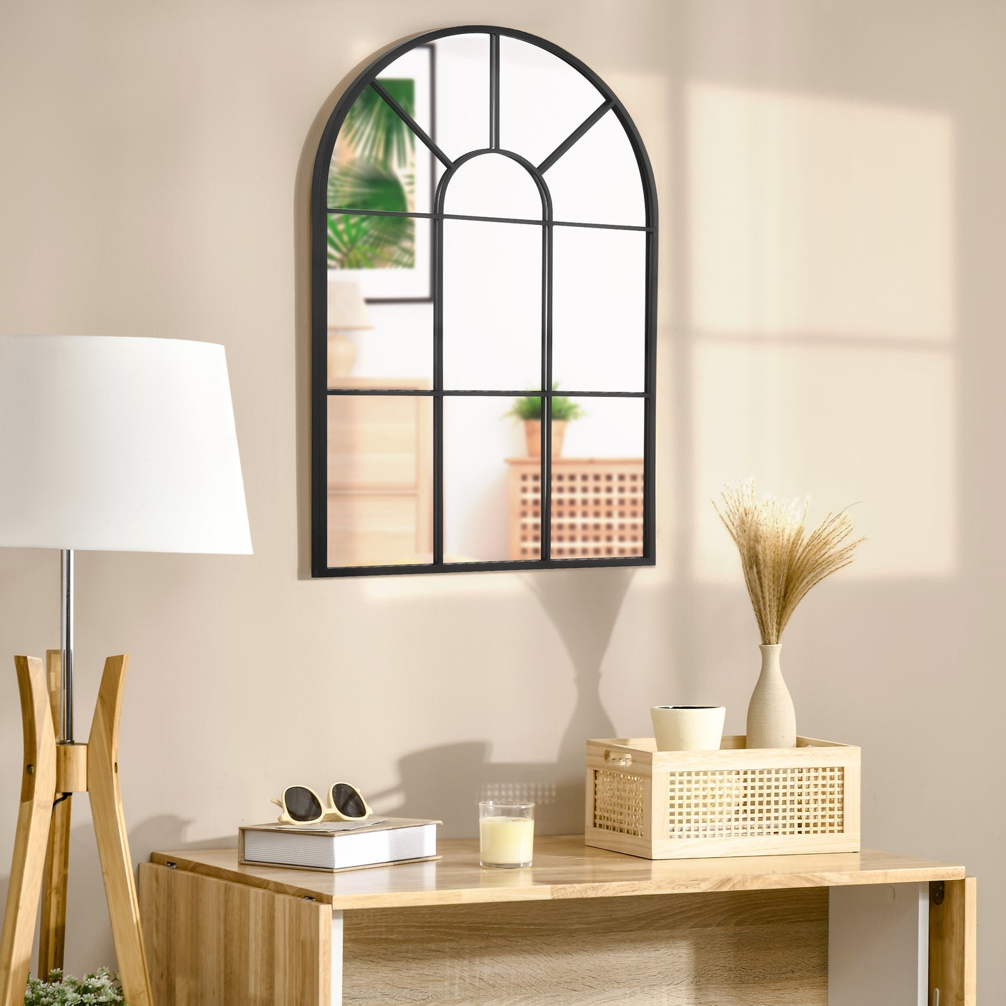 HOMCOM Modern Arched Wall Mirror 91 x 60 cm Window Mirrors Living Room Bedroom Black - ALL4U RETAILER LTD