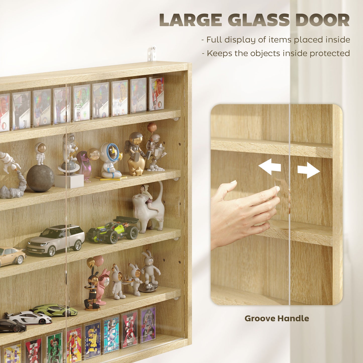 HOMCOM 5 Tier Wall Display Cabinet With Glass Doors 4 Adjustable Shelves Oak Finish 60x80cm Home Office Ornaments