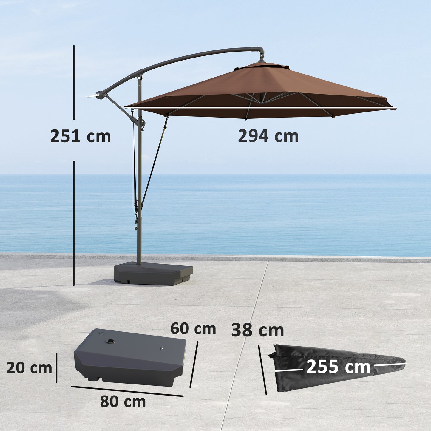 Outsunny 3m Cantilever Garden Parasol With Fillable Base Up To 90kg Wind Straps Tilt Crank UPF50Plus Brown Cover