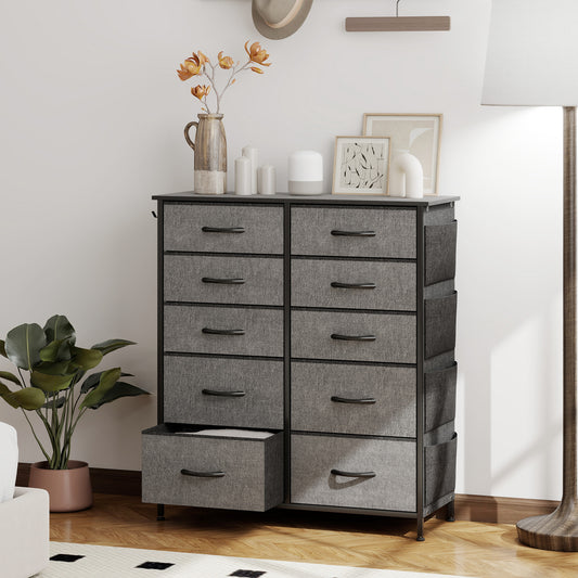HOMCOM Chest Of Ten Fabric Drawers Charcoal Grey With Six Small And Four Large Drawers Four Side Pockets And Two Hooks
