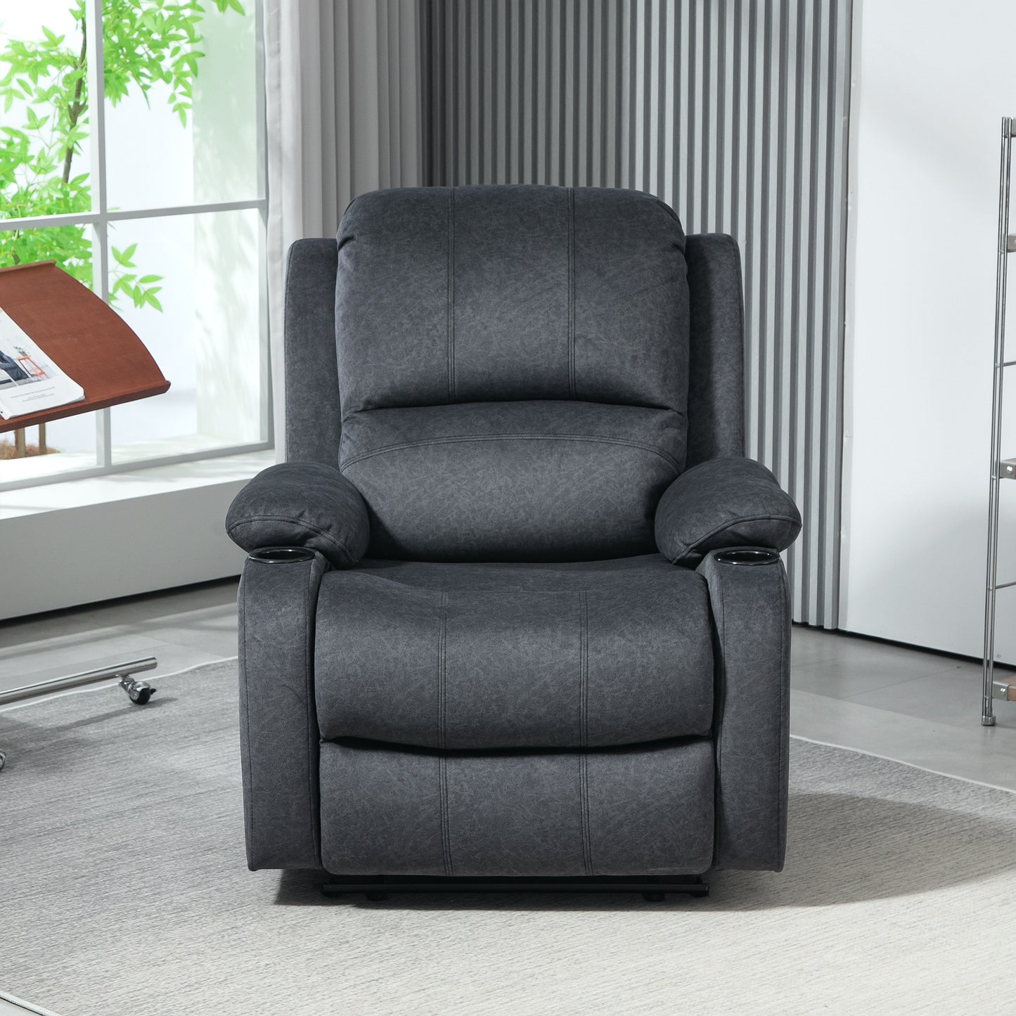 HOMCOM Microfibre Manual Reclining Armchair With Footrest And Cup Holders Black For Living Room