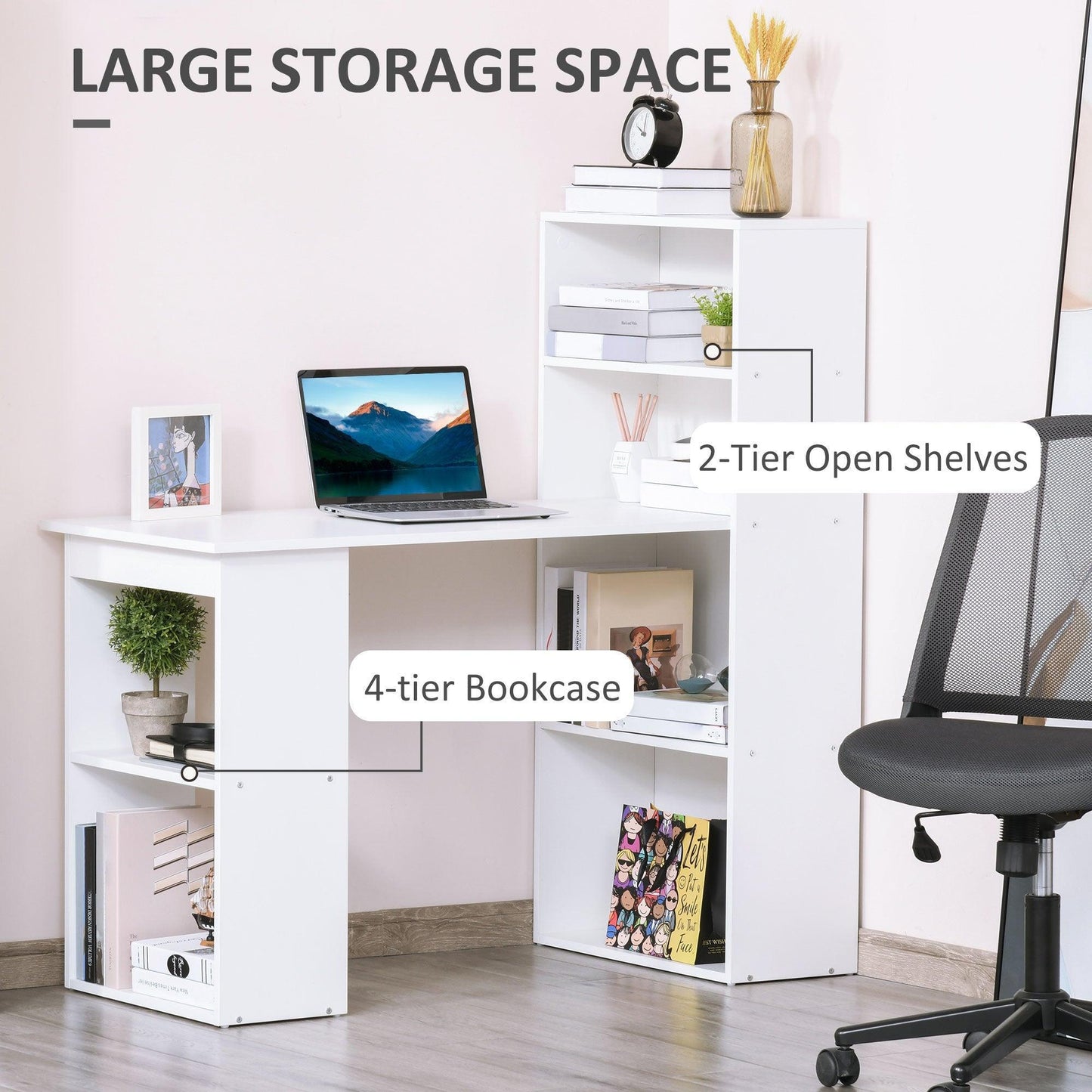 HOMCOM Modern White Computer Desk with Bookshelf - 6 Shelves - ALL4U RETAILER LTD