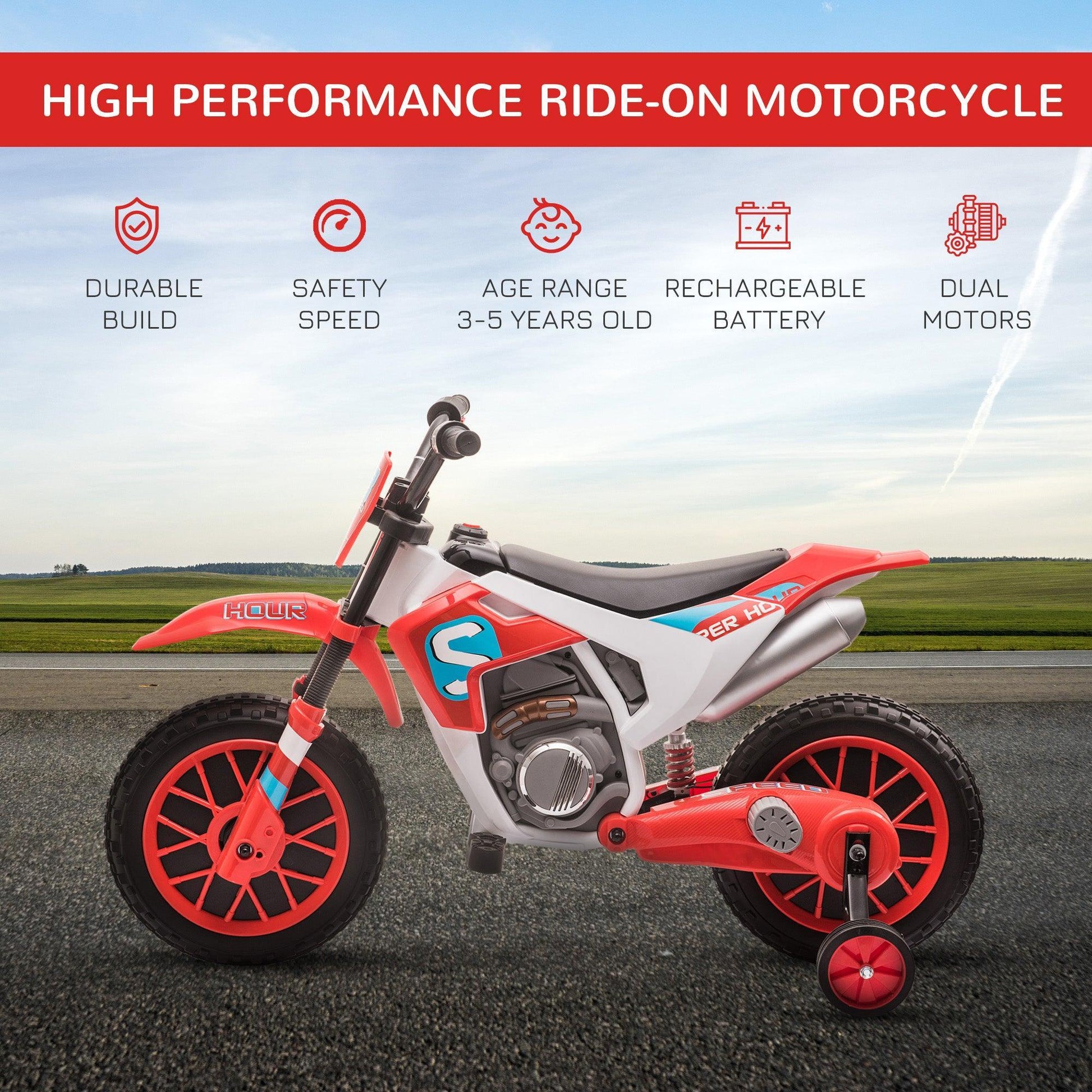 HOMCOM 12V Kids Electric Motorcycle Ride-On with Training Wheels - Red - ALL4U RETAILER LTD