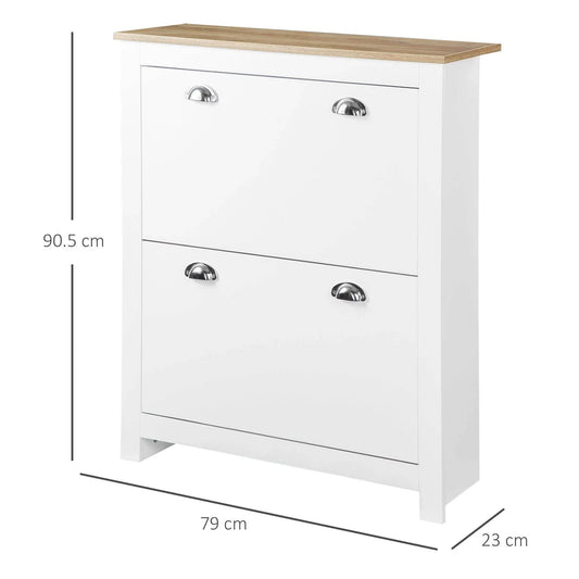 White shoe cabinet with two front drawers and chrome-style round pull handles