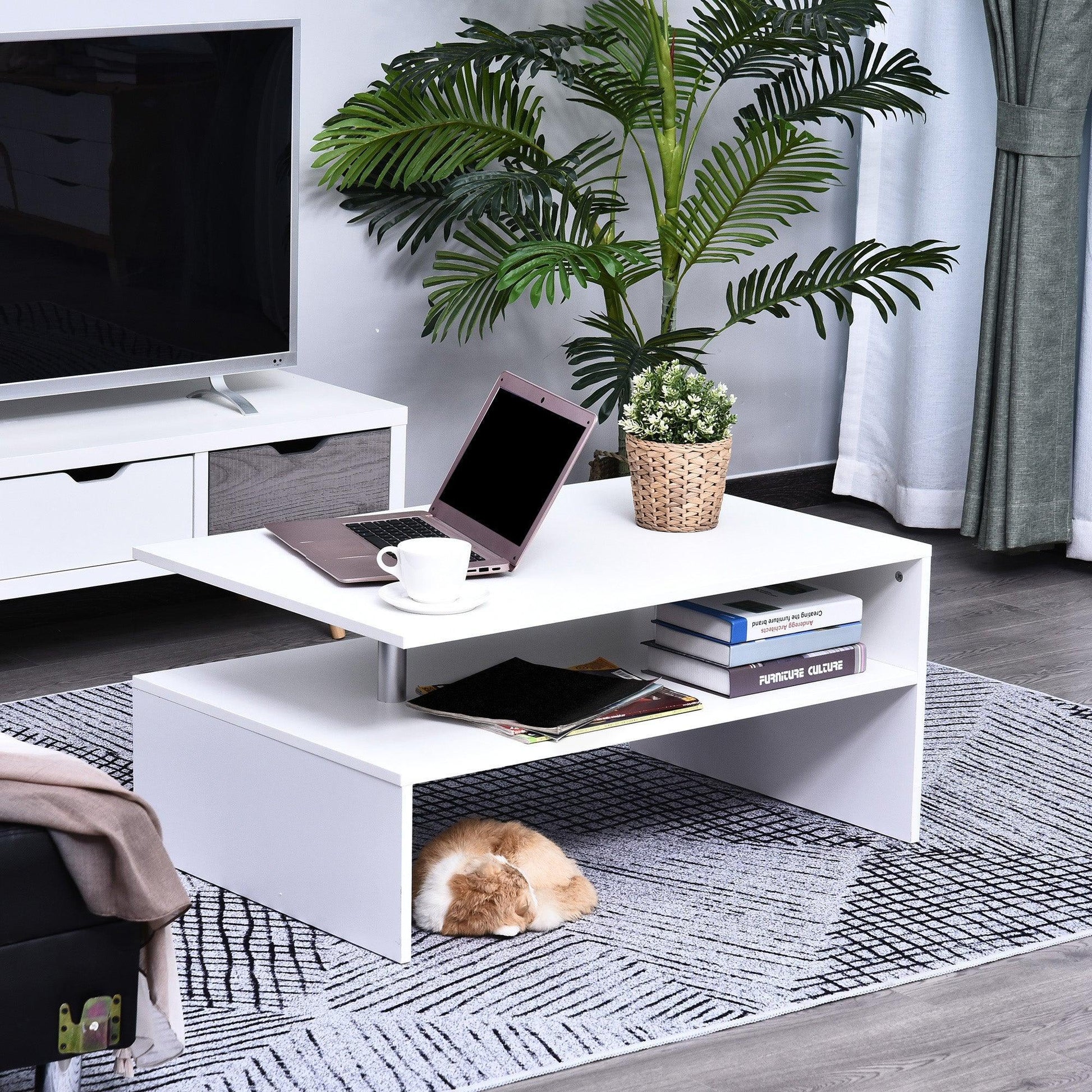 HOMCOM Modern White 2-Tier Coffee Table with Open Shelf - ALL4U RETAILER LTD