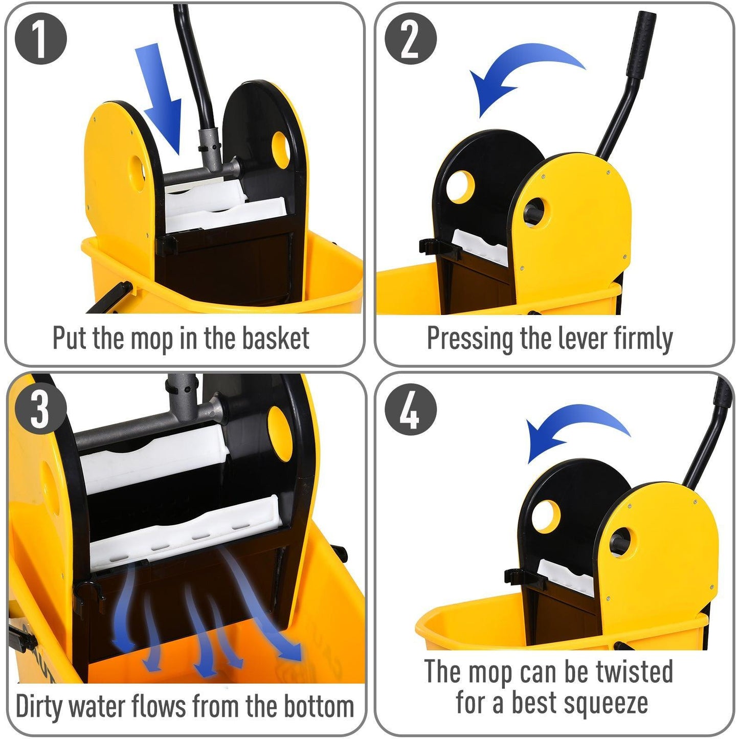 HOMCOM 26L Floor Cart with Wringer - Yellow - ALL4U RETAILER LTD