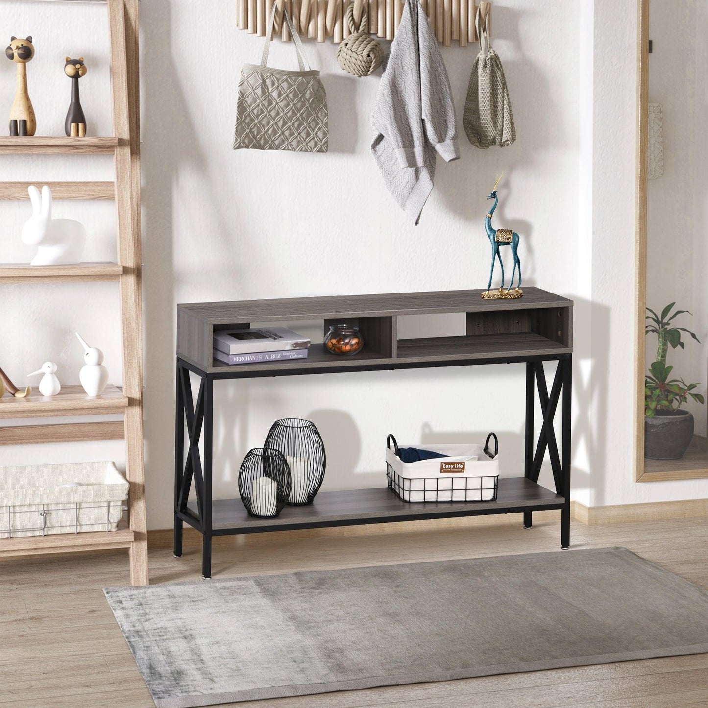 HOMCOM 3-Compartment Console Table - Stylish Grey Black - ALL4U RETAILER LTD