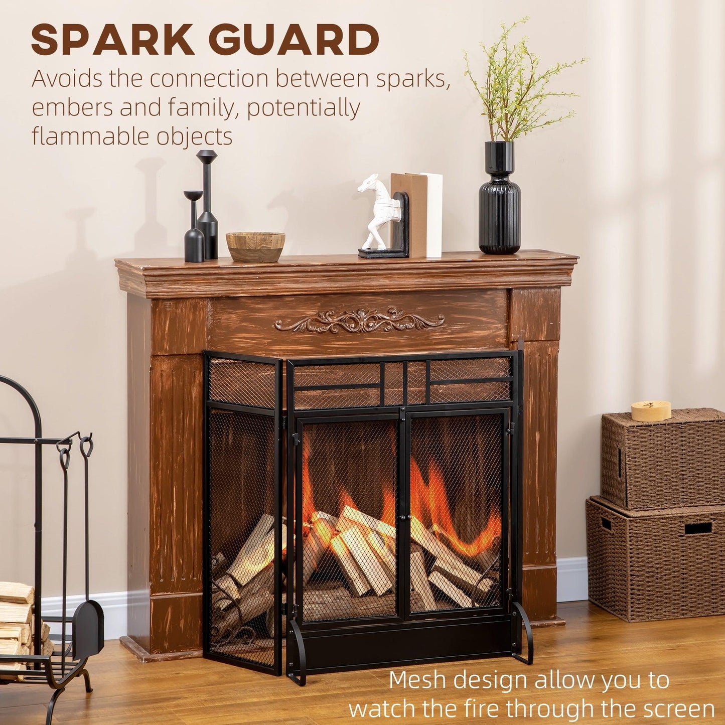 HOMCOM Fireplace Screen: Spark Guard, 3-Panel, Black - ALL4U RETAILER LTD