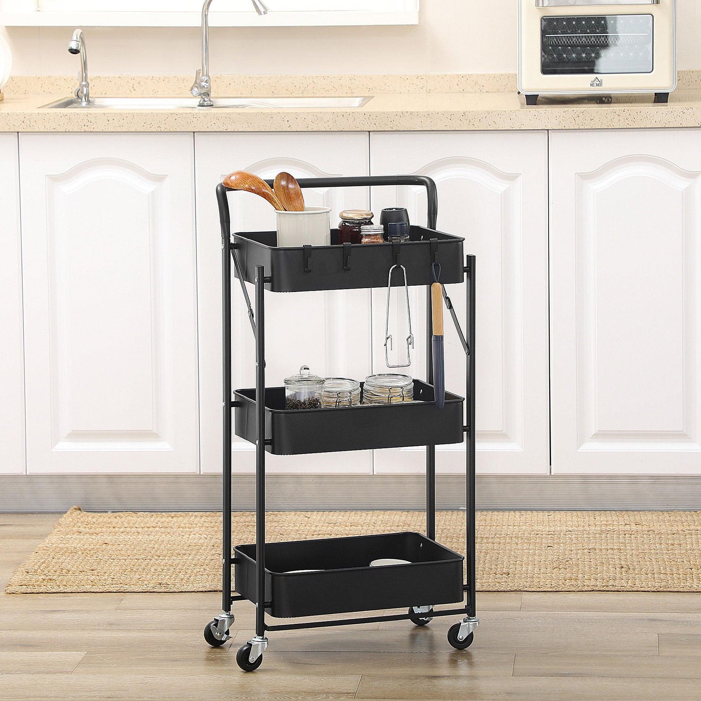 HOMCOM 3-Tier Foldable Trolley Cart with Mesh Baskets │ Black - ALL4U RETAILER LTD