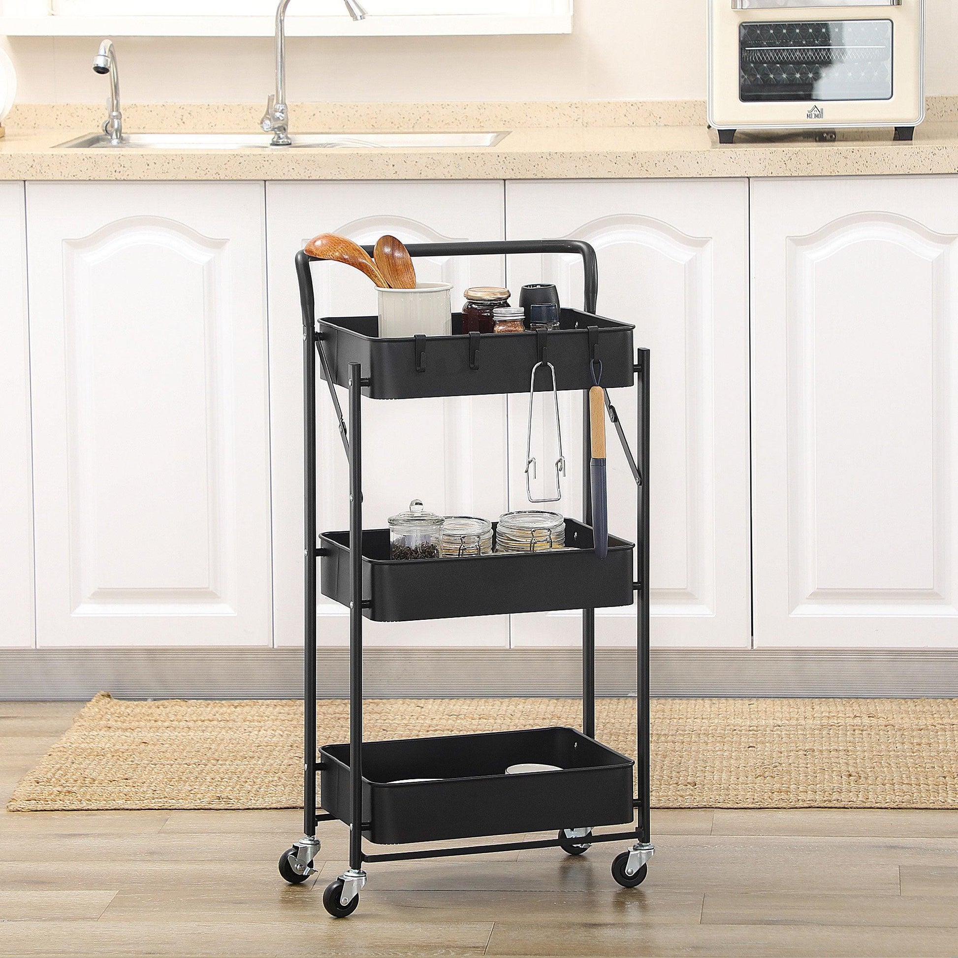 HOMCOM 3-Tier Foldable Trolley Cart with Mesh Baskets │ Black - ALL4U RETAILER LTD