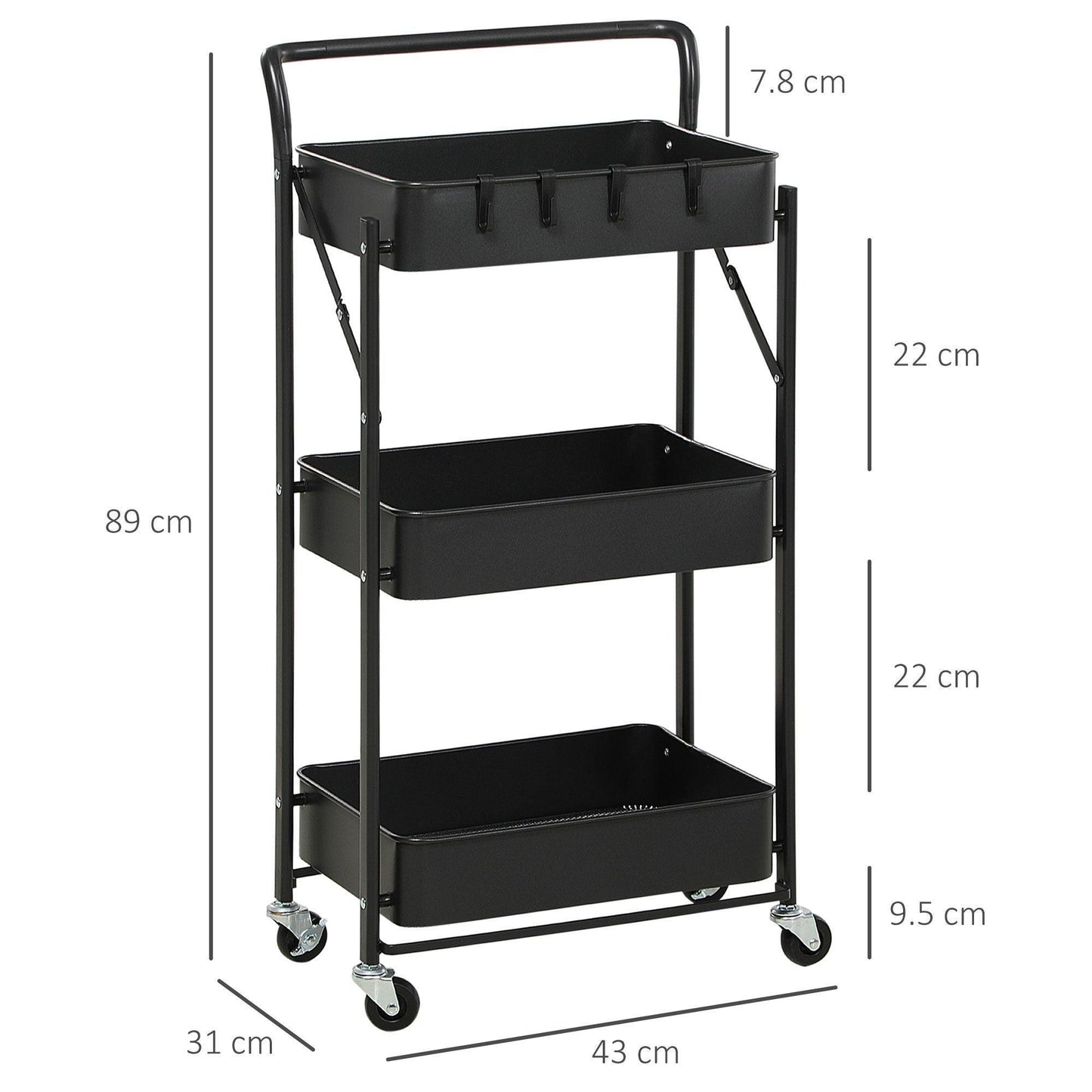 HOMCOM 3-Tier Foldable Trolley Cart with Mesh Baskets │ Black - ALL4U RETAILER LTD