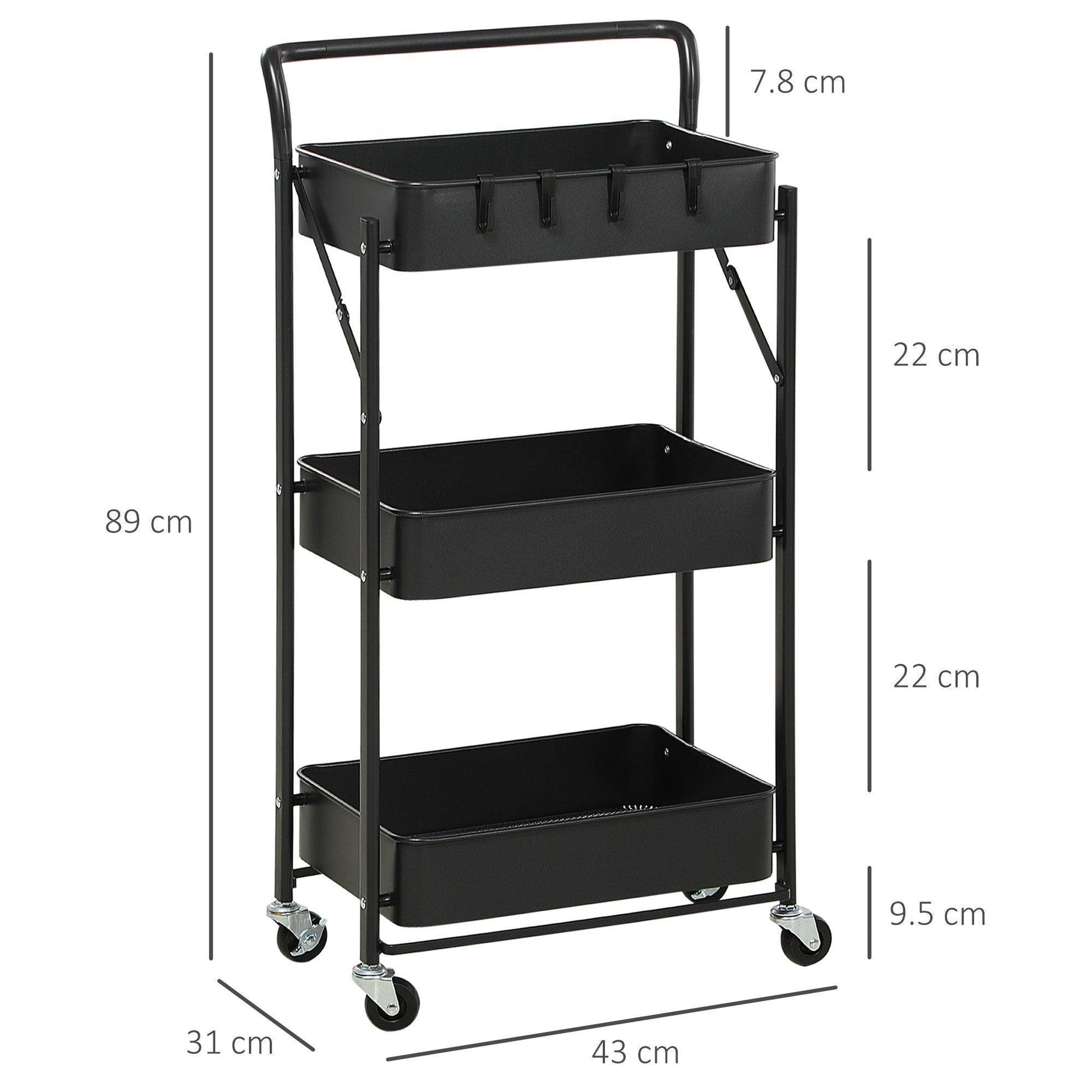 HOMCOM 3-Tier Foldable Trolley Cart with Mesh Baskets │ Black - ALL4U RETAILER LTD