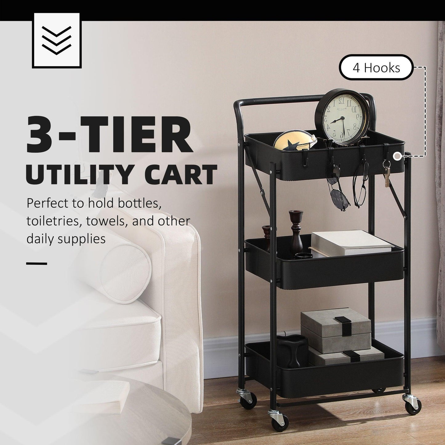 HOMCOM 3-Tier Foldable Trolley Cart with Mesh Baskets │ Black - ALL4U RETAILER LTD