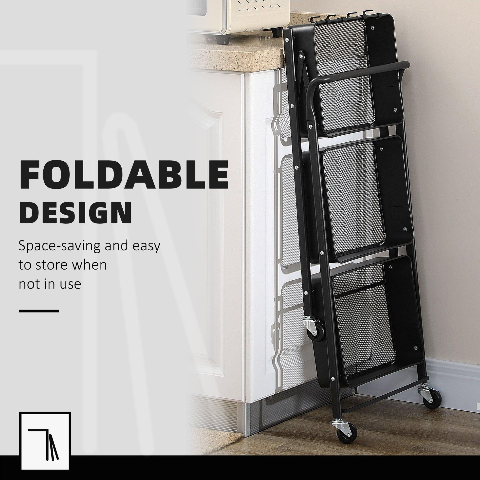 HOMCOM 3-Tier Foldable Trolley Cart with Mesh Baskets │ Black - ALL4U RETAILER LTD