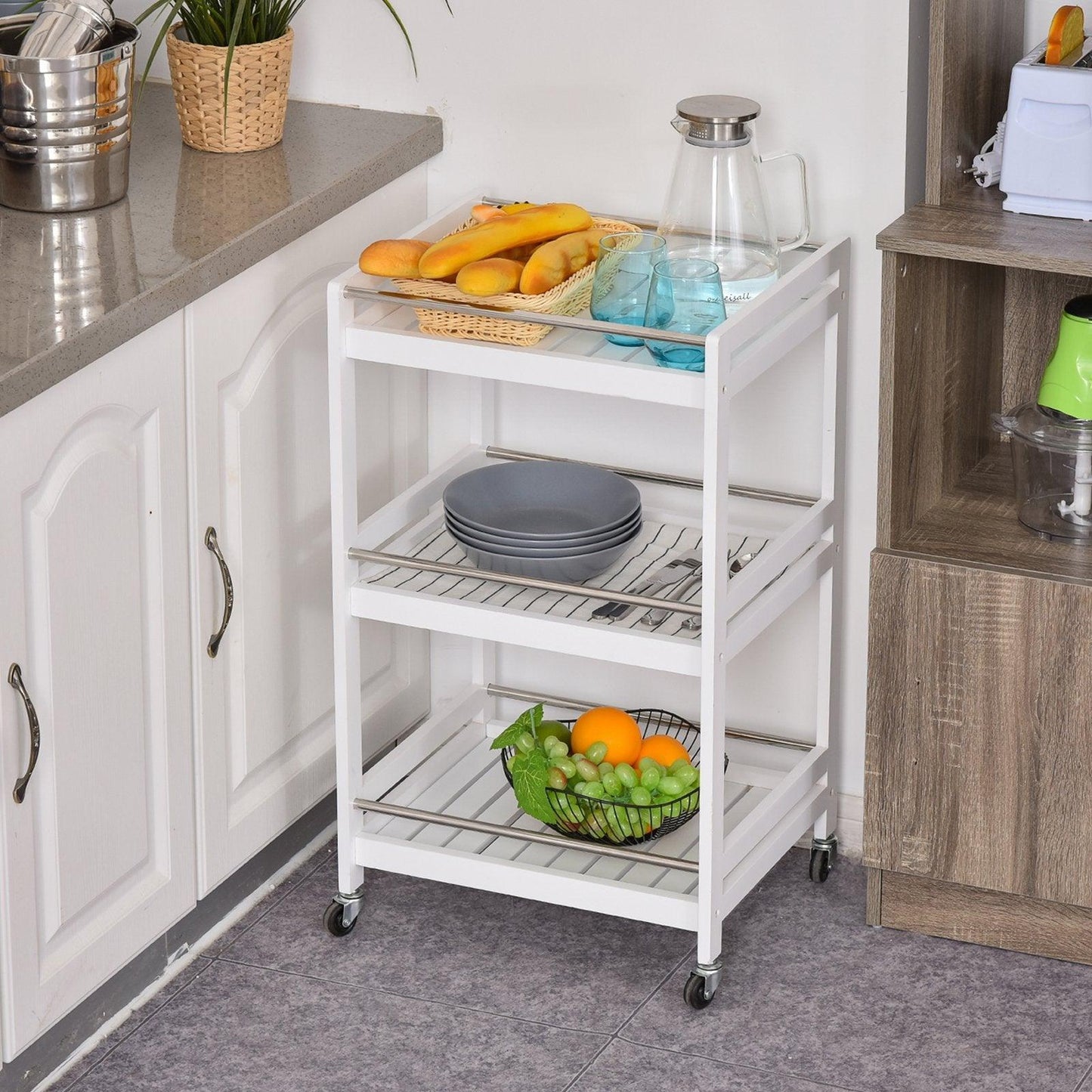 HOMCOM 3-Tier Kitchen Trolley with 4 Wheels - White - ALL4U RETAILER LTD