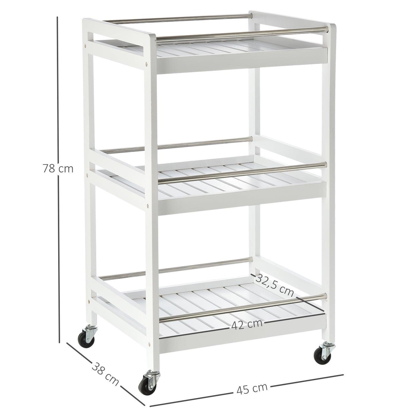 HOMCOM 3-Tier Kitchen Trolley with 4 Wheels - White - ALL4U RETAILER LTD