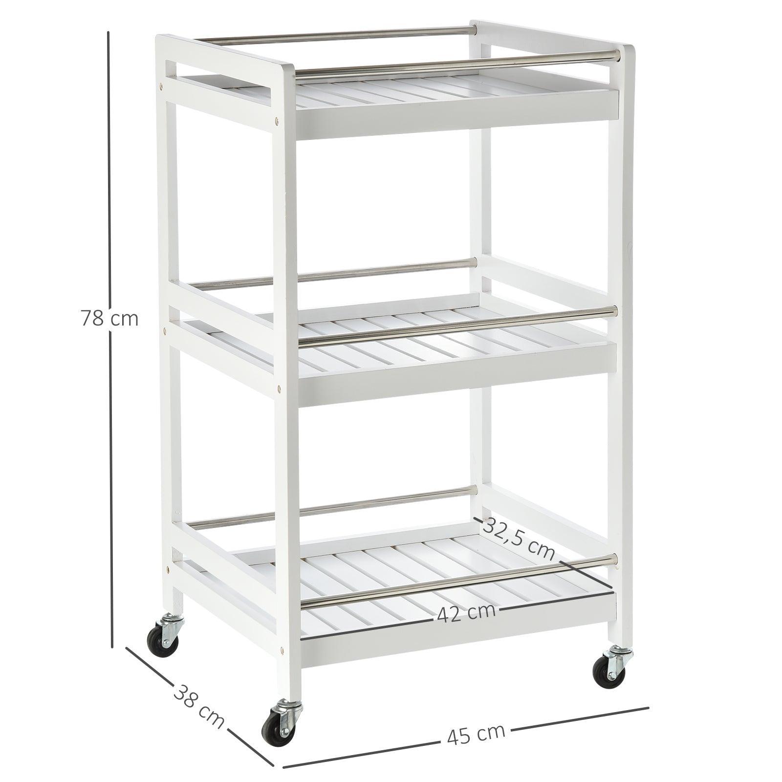 HOMCOM 3-Tier Kitchen Trolley with 4 Wheels - White - ALL4U RETAILER LTD