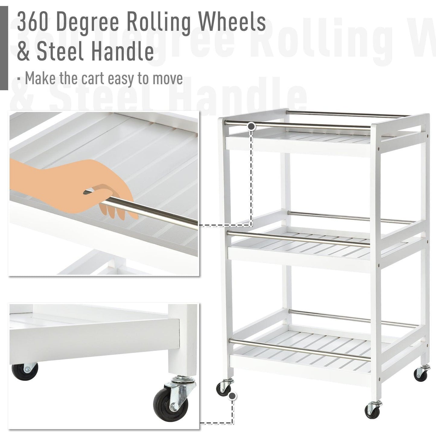 HOMCOM 3-Tier Kitchen Trolley with 4 Wheels - White - ALL4U RETAILER LTD