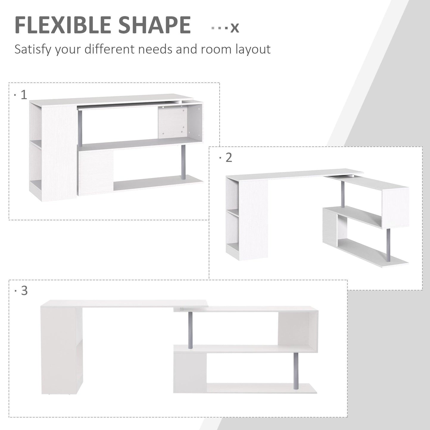 HOMCOM White L-Shaped Corner Desk - 360° Rotation & Storage - ALL4U RETAILER LTD