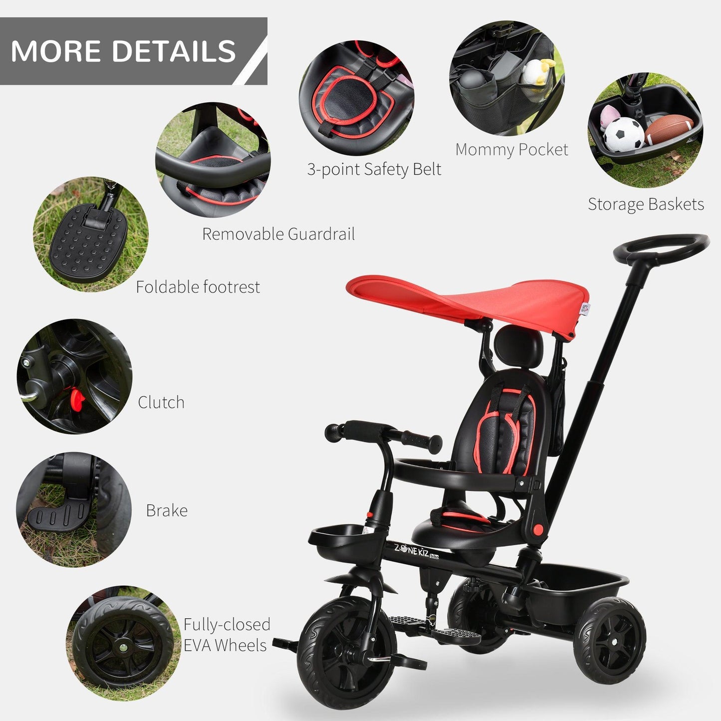 HOMCOM 4-in-1 Baby Tricycle with Adjustable Seat - ALL4U RETAILER LTD