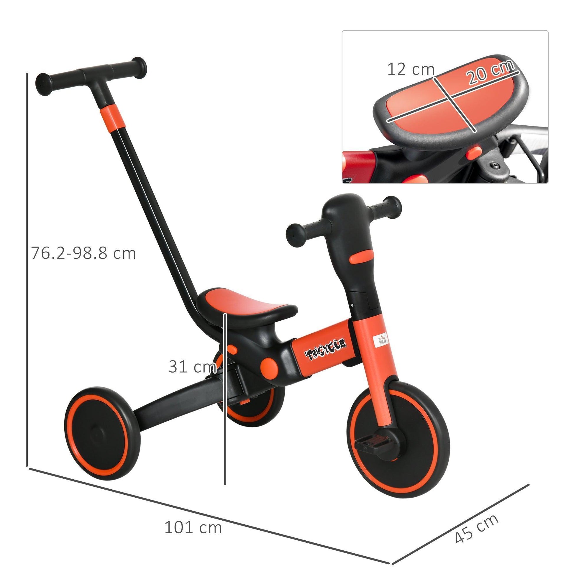 HOMCOM 4-in-1 Tricycle for Kids: Adjustable & Detachable, Red - ALL4U RETAILER LTD