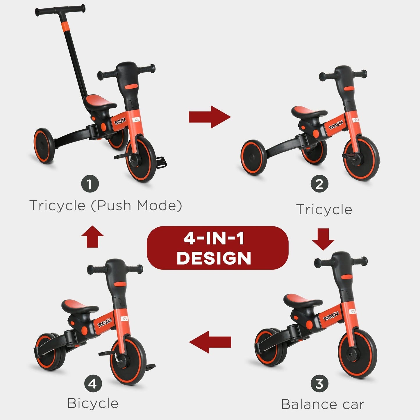 HOMCOM 4-in-1 Tricycle for Kids: Adjustable & Detachable, Red - ALL4U RETAILER LTD