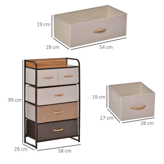HOMCOM 5-drawer dresser tower with foldable fabric drawers shown from side and top