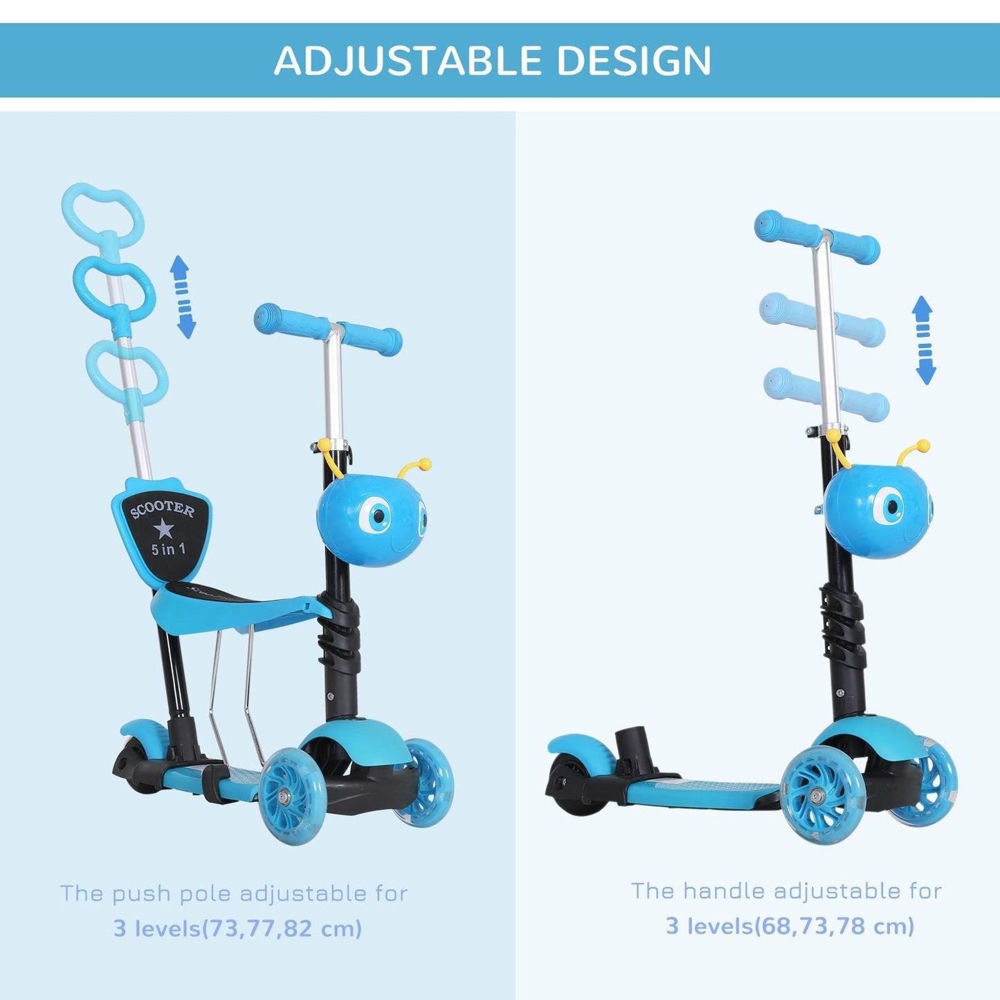 HOMCOM 5-in-1 Toddler Mini Kick Scooter - Blue - ALL4U RETAILER LTD